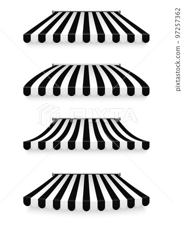 Realistic striped shop sunshade. Store awning. Roof canopy. Shop tent set. Vector illustration Realistic striped shop sunshade. Store awning. Roof canopy. Shop tent set. Vector illustration 97257362