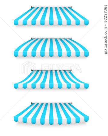 Realistic striped shop sunshade. Store awning. Roof canopy. Shop tent set. Vector illustration 97257363