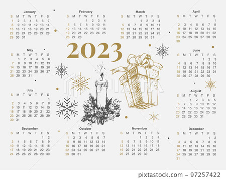 2023 Calendar year vector illustration. The week starts on Sunday. Christmas snowflakes calendar 2023 template. Calendar design Sunday in red colors. Vector 97257422
