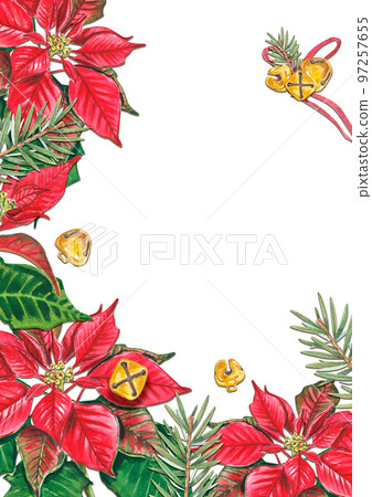 Design of a New Year's or Christmas card. With a watercolor illustration of poinsettia, bells and fir branches. With a place for the inscription. Suitable for postcards, invitations, flyers, covers. Design of a New Year's or Christmas card. With a watercolor illustration of poinsettia, bells and fir branches. With a place for the inscription. Suitable for postcards, invitations, flyers, covers. 97257655