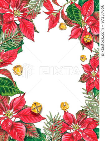 Frame with watercolor poinsettia and bells. Watercolor illustration. New Year's motif for the design of postcards, invitations, leaflets, with an empty space for the inscription. Universal template. 97257656