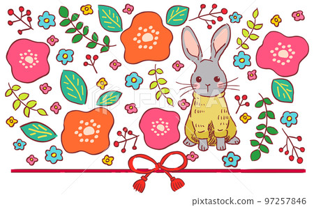 手繪兔子和花插畫素材 97257846