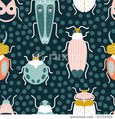 Multicolored bugs on a blue background in art deco style. Multicolored bugs on a blue background in art deco style. 97258308