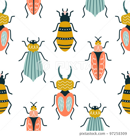 Multicolored bugs on a white background in art deco style. Multicolored bugs on a white background in art deco style. 97258309