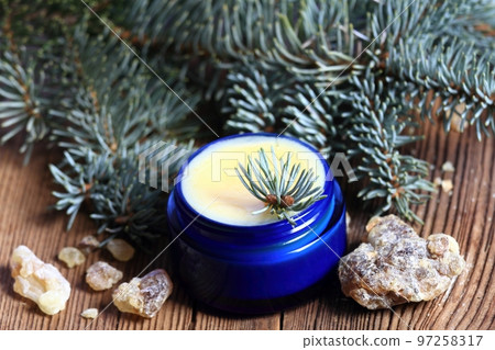 Organic resin ointment, medicinal cream in blue cosmetic glass 97258317