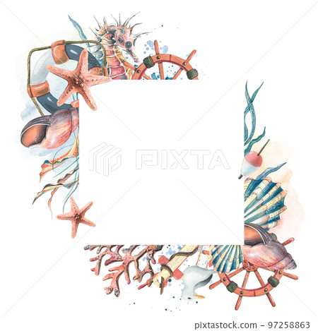 A Square frame, a wreath with marine inhabitants, a steering wheel, an anchor and a lifebuoy. Watercolor illustration. Template preparation from the MARINE SYMPHONY collection. For design A Square frame, a wreath with marine inhabitants, a steering wheel, an anchor and a lifebuoy. Watercolor illustration. Template preparation from the MARINE SYMPHONY collection. For design 97258863