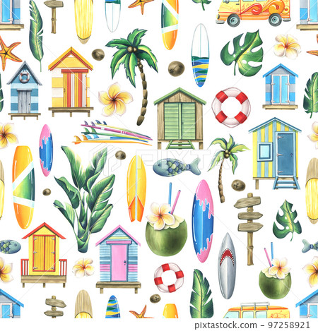 Beach houses, surfboards, palm trees, flowers, coconuts. Watercolor illustration. Seamless pattern on a white background from the SURFING collection. For decoration and design of fabrics, wallpaper Beach houses, surfboards, palm trees, flowers, coconuts. Watercolor illustration. Seamless pattern on a white background from the SURFING collection. For decoration and design of fabrics, wallpaper 97258921