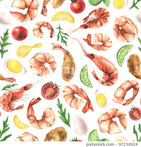 Various boiled shrimp with arugula, lemon, lime, cherry tomatoes, eggs. Watercolor illustration. Seamless pattern on a white background from the Shrimp collection. For the design and design Various boiled shrimp with arugula, lemon, lime, cherry tomatoes, eggs. Watercolor illustration. Seamless pattern on a white background from the Shrimp collection. For the design and design 97258924
