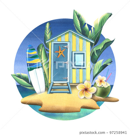 Wooden beach house on an island with tropical leaves, surfboard, coconut cocktail, plumeria flower and starfish. Watercolor illustration. Composition on a white background from the SURFING collection Wooden beach house on an island with tropical leaves, surfboard, coconut cocktail, plumeria flower and starfish. Watercolor illustration. Composition on a white background from the SURFING collection 97258941