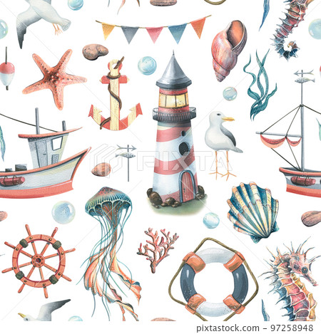 Seamless pattern with marine underwater inhabitants, a lighthouse and a boat. Watercolor illustration on a white background from the SYMPHONY OF THE SEA collection. 97258948