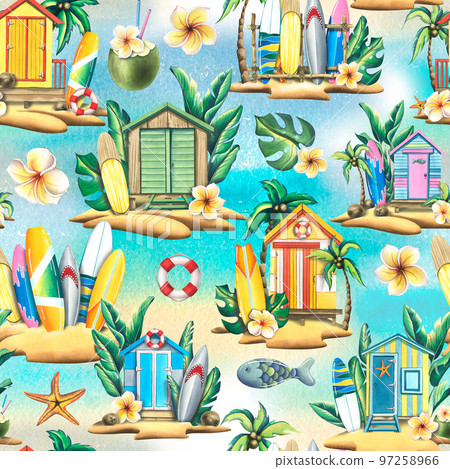 Surfboards, wooden beach houses, tropical plants and flowers. Watercolor illustration. Seamless pattern on a turquoise background from the SURFING collection. For fabric, wallpaper, design, decoration 97258966