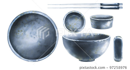 A set of ceramic dishes, a bowl, a saucepan, chopsticks, a stand top and side view. Watercolor illustration. Isolated objects from the SHRIMP collection. For decoration and design A set of ceramic dishes, a bowl, a saucepan, chopsticks, a stand top and side view. Watercolor illustration. Isolated objects from the SHRIMP collection. For decoration and design 97258976