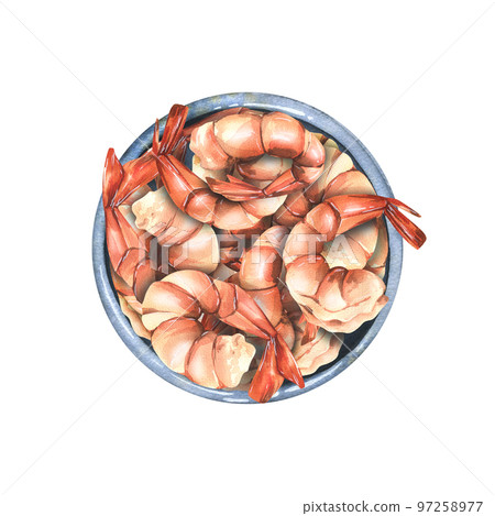 Peeled boiled shrimp, boiled with tails in a ceramic bowl, top view. Watercolor illustration. A composition from the SHRIMP collection. For the design of menus, recipes, cafes, restaurants, packaging Peeled boiled shrimp, boiled with tails in a ceramic bowl, top view. Watercolor illustration. A composition from the SHRIMP collection. For the design of menus, recipes, cafes, restaurants, packaging 97258977