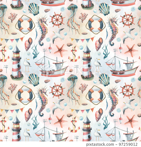 Seamless pattern with marine underwater inhabitants, a lighthouse and a boat. Watercolor illustration on a white background with washes from the SYMPHONY OF THE SEA collection 97259012
