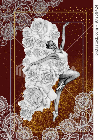 Hand drawn watercolor card template dancing ballerina with flower and lace. Pink pretty ballerina. Watercolor hand drawn illustration. Pictures for poster, invitation, postcard, background and posters 97259424