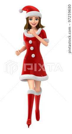 A woman wearing Santa Claus clothes is running 97259680