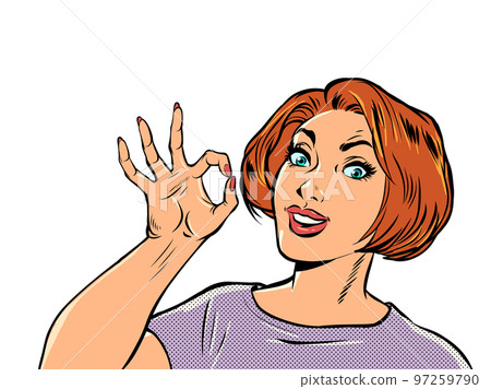 woman businesswoman OK gesture, quality recommendation, hand gesture, advertisement announcement 97259790
