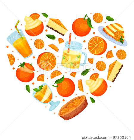 Orange Fruit Food Heart Shaped Composition Design with Sweet Dessert Vector Template 97260164