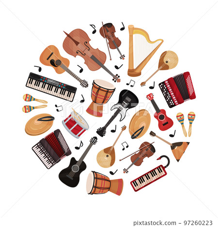 Musical Instruments Round Composition Design for Entertainment Performance Vector Template Musical Instruments Round Composition Design for Entertainment Performance Vector Template 97260223