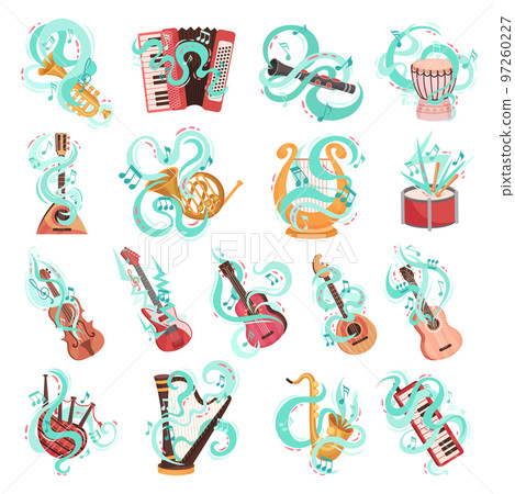 Musical Instruments with Blue Swirling Line Big Vector Set Musical Instruments with Blue Swirling Line Big Vector Set 97260227