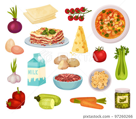 Minestrone and Lasagna Pasta Recipe with Ingredients Big Vector Set 97260266