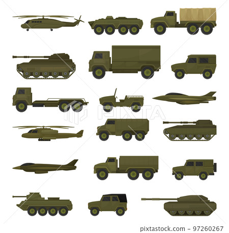 Military Special Transport of Khaki Color as Army Vehicle Big Vector Set 97260267