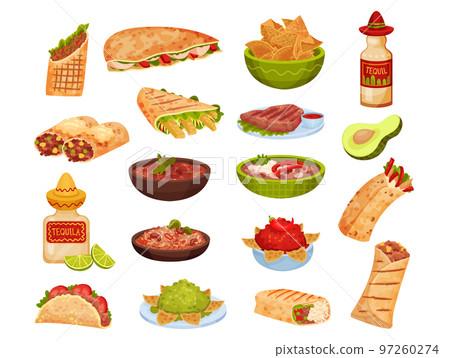 Traditional Mexican Cuisine Food with Stew, Tacos, Burrito, Nachos and Tequila Big Vector Set 97260274