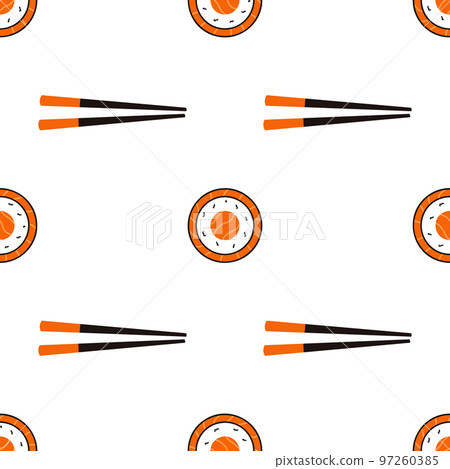 Seamless pattern with sushi and chopsticks. Hand drawn vector background with traditional Japanese cuisine 97260385