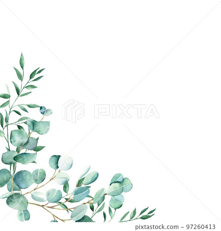 Watercolor frame, eucalyptus and pistachio branches. Rustic greenery. Hand drawn botanical illustration isolated on white background. Ideal for stationery, invitations, save the date, wedding 97260413