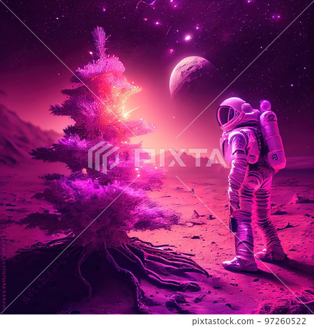 An astronaut celebrates Christmas on an alien planet. A high-tech astronaut from the future. The concept of space travel. Generative AI An astronaut celebrates Christmas on an alien planet. A high-tech astronaut from the future. The concept of space travel. Generative AI 97260522