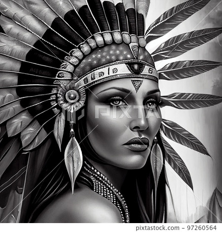 Portrait of a fictional Indian woman. An ancient Indian female hunter. Generative AI Portrait of a fictional Indian woman. An ancient Indian female hunter. Generative AI 97260564