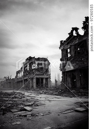 A post-apocalyptic ruined city. Destroyed buildings, destroyed roads, blown up skyscrapers. The concept of the apocalypse. Generative AI A post-apocalyptic ruined city. Destroyed buildings, destroyed roads, blown up skyscrapers. The concept of the apocalypse. Generative AI 97260585