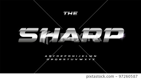 Metal sharped font, dynamic edgy letters, metallic texture typeset. Shiny steel bold italic alphabet, aluminum type. Vector gray gradient typographic design Metal sharped font, dynamic edgy letters, metallic texture typeset. Shiny steel bold italic alphabet, aluminum type. Vector gray gradient typographic design 97260587