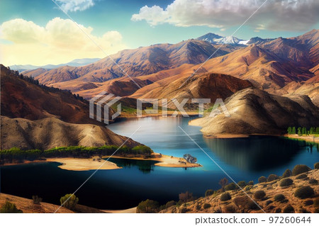 A beautiful ancient lake, with the reflection of the sky and clouds. Generative AI. 97260644