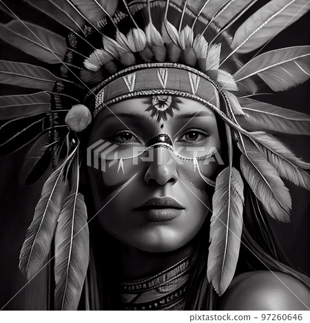 Portrait of a fictional Indian woman. An ancient Indian female hunter. Generative AI Portrait of a fictional Indian woman. An ancient Indian female hunter. Generative AI 97260646