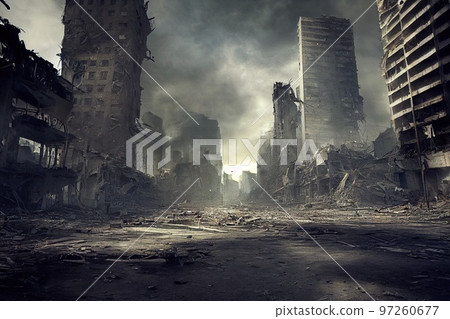 A post-apocalyptic ruined city. Destroyed buildings, destroyed roads, blown up skyscrapers. The concept of the apocalypse. Generative AI A post-apocalyptic ruined city. Destroyed buildings, destroyed roads, blown up skyscrapers. The concept of the apocalypse. Generative AI 97260677