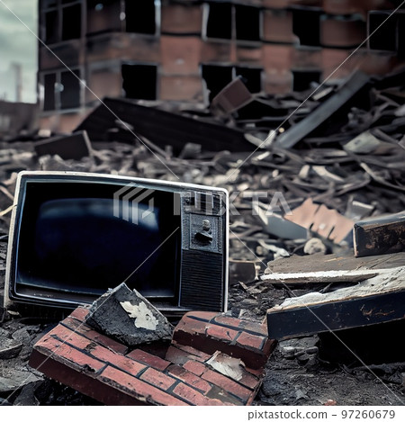 An old TV lying on the ruins of a house. A post-apocalyptic ruined city. Destroyed buildings, mountains of rubble and debris. The concept of the apocalypse. Generative AI 97260679