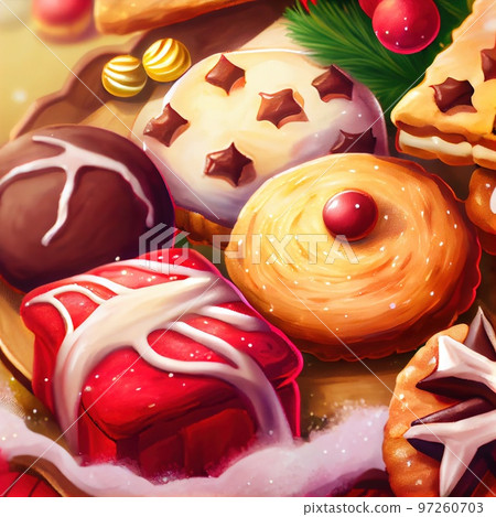 Delicious homemade Christmas cookies and other Christmas treats, close-up view. Generative AI Delicious homemade Christmas cookies and other Christmas treats, close-up view. Generative AI 97260703