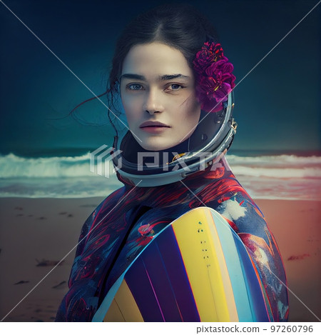 An astronaut with a surfboard. A high-tech astronaut from the future. The concept of space travel. Generative AI An astronaut with a surfboard. A high-tech astronaut from the future. The concept of space travel. Generative AI 97260796