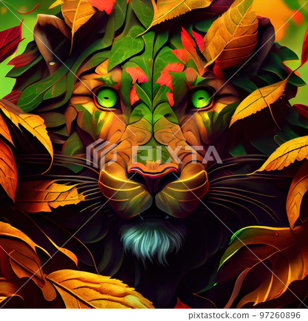 Portrait of a beautiful lion with a red mane surrounded by autumn leaves. A drawn lion with a thick mane. Generative AI 97260896