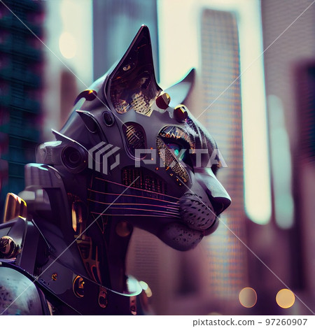 Portrait of a futuristic robot cat. An artistic abstract cyberpunk fantasy. Concept of a cyber cat. Generative AI 97260907