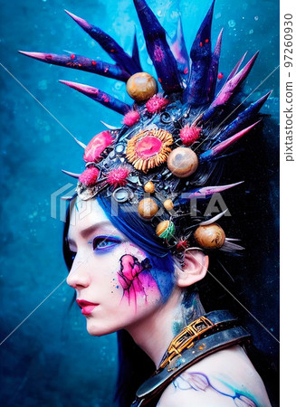 Mystical creepy woman with frightening makeup. Gothic mystery woman. Generative AI 97260930