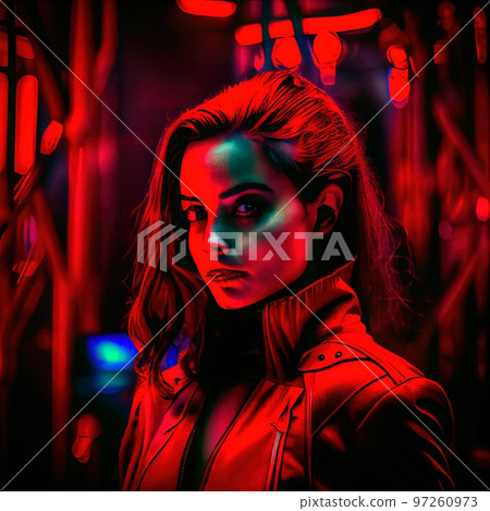 Portrait of a sci-fi cyberpunk girl. High-tech futuristic woman from the future. The concept of virtual reality and cyberpunk. Generative AI. 97260973