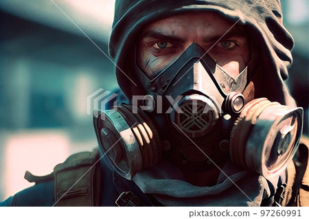 Portrait of a surviving stalker in an old gas mask against an apocalyptic background. Survivor of nuclear war. The concept of the post-apocalypse. Generative AI 97260991