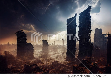 A post-apocalyptic ruined city. Destroyed buildings, destroyed roads, blown up skyscrapers. The concept of the apocalypse. Generative AI 97261030