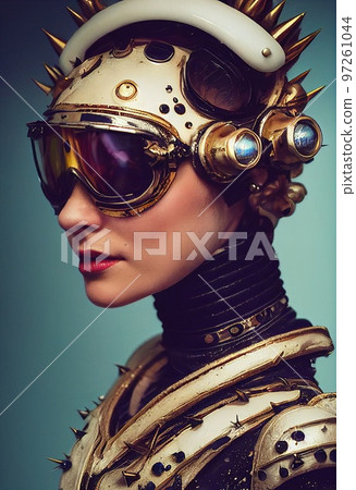 Abstract portrait of a fantasy astronaut. High-tech futuristic man. Concept of virtual reality and steampunk. Generative AI. 97261044