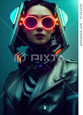Portrait of a sci-fi cyberpunk girl. High-tech futuristic woman from the future. The concept of virtual reality and cyberpunk. Generative AI. Portrait of a sci-fi cyberpunk girl. High-tech futuristic woman from the future. The concept of virtual reality and cyberpunk. Generative AI. 97261058