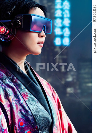 Portrait of a sci-fi cyberpunk girl. High-tech futuristic woman from the future. The concept of virtual reality and cyberpunk. Generative AI. 97261083