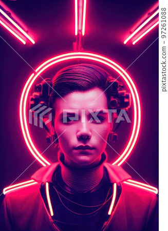 Portrait of a sci-fi cyberpunk man. High-tech futuristic man from the future. The concept of virtual reality and cyberpunk. Generative AI. 97261088