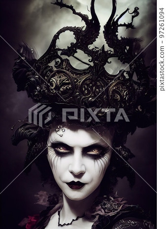 Mystical creepy woman with frightening makeup. Gothic mystery woman. Generative AI 97261094